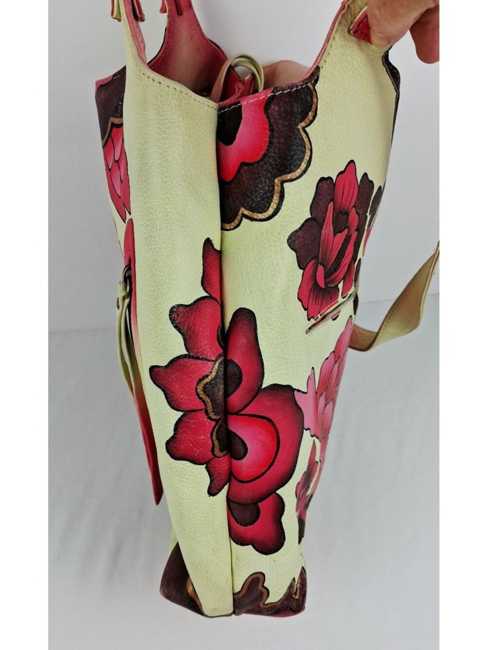Retro 60s 70s Red Cream Floral Genuine Soft Leather Shoulder Bag Double Handle - Picture 4 of 16
